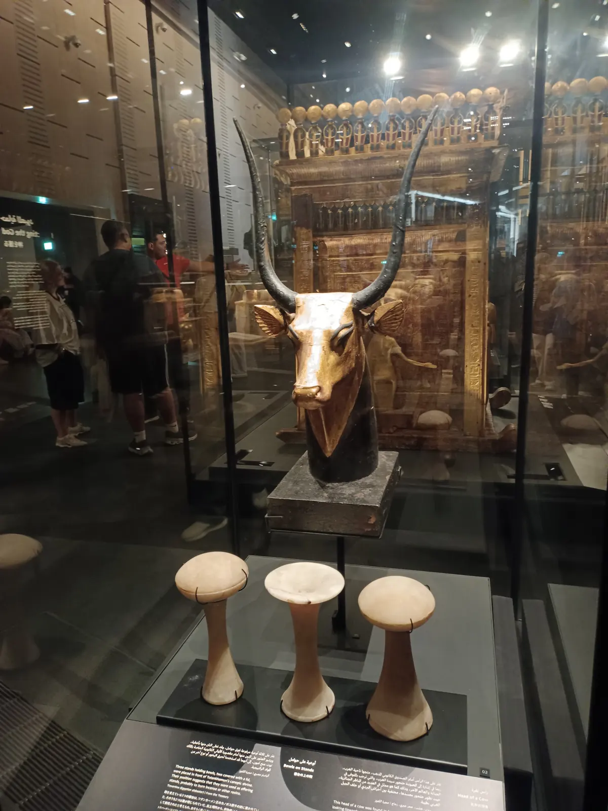 Vergoldeter Kuhkopf und kanopischer Schrein aus dem Grabschatz des Tutanchamun im Grand Egyptian Museum