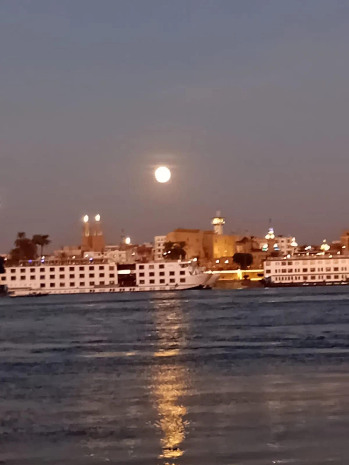 Nilkreuzfahrtschiffe bei Vollmond am Nilufer in &Auml;gypten