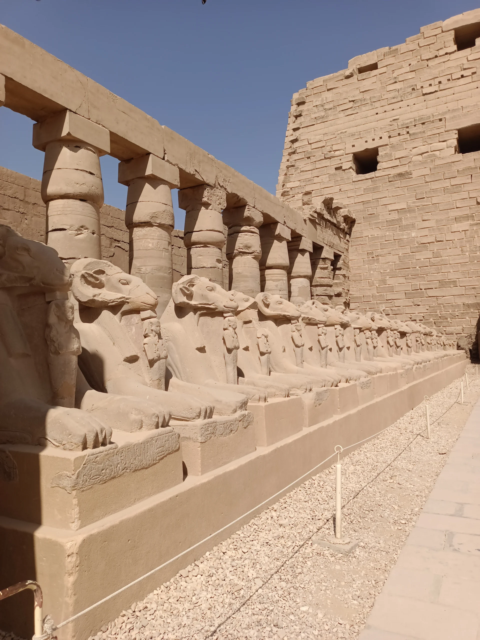 Widderköpfige Sphinxstatuen säumen die Allee zum Karnak-Tempel in Luxor.