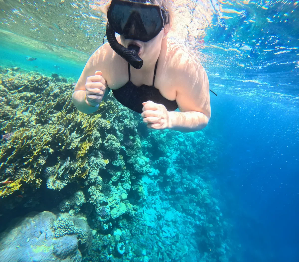 Schnorchlerin schwimmt über bunten Korallenriff im Roten Meer bei Ägypten.