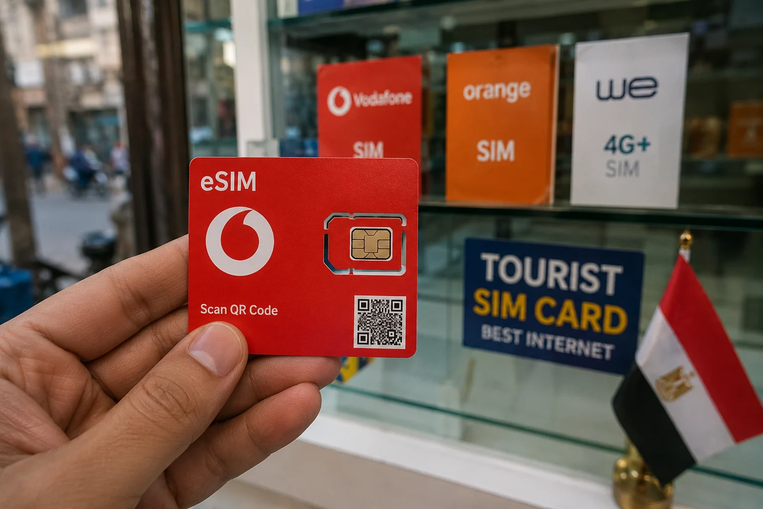 Vodafone eSIM-Karte f&uuml;r Touristen vor einem Handyshop in &Auml;gypten mit &auml;gyptischer Flagge.