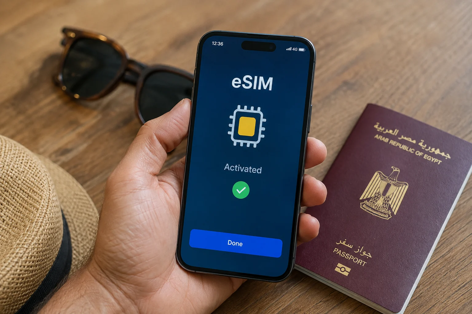 Aktivierte eSIM auf dem Smartphone neben &auml;gyptischem Reisepass f&uuml;r die Reisevorbereitung nach &Auml;gypten.