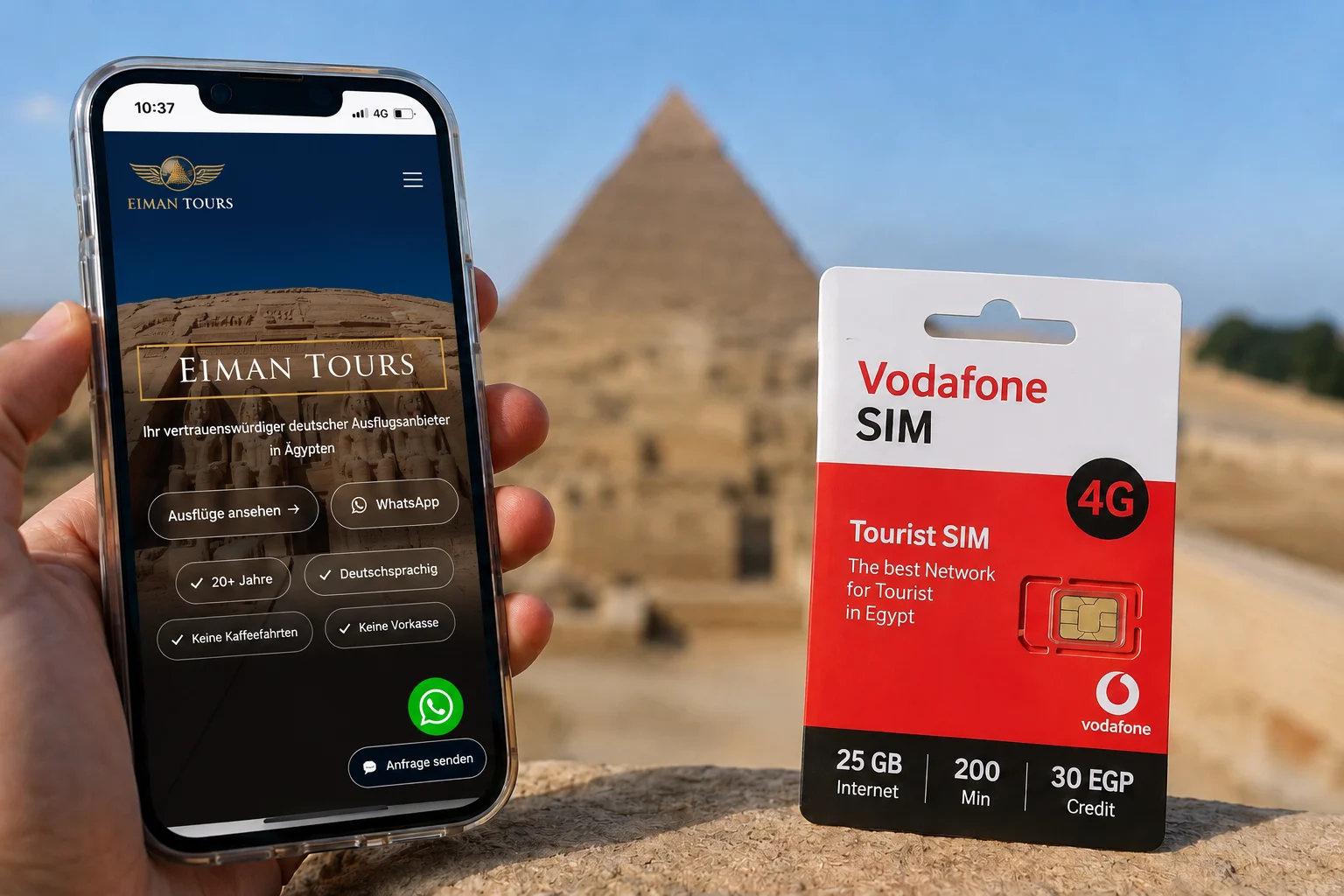 Vodafone Tourist SIM-Karte und Eiman Tours App auf dem Smartphone vor der Pyramide von Gizeh in &Auml;gypten.
