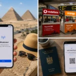eSIM-Aktivierung vor den Pyramiden von Gizeh, Tourist-SIM-Schalter am Flughafen Kairo und QR-Code-Einrichtung mit &auml;gyptischem Reisepass