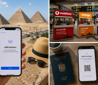 eSIM-Aktivierung vor den Pyramiden von Gizeh, Tourist-SIM-Schalter am Flughafen Kairo und QR-Code-Einrichtung mit &auml;gyptischem Reisepass