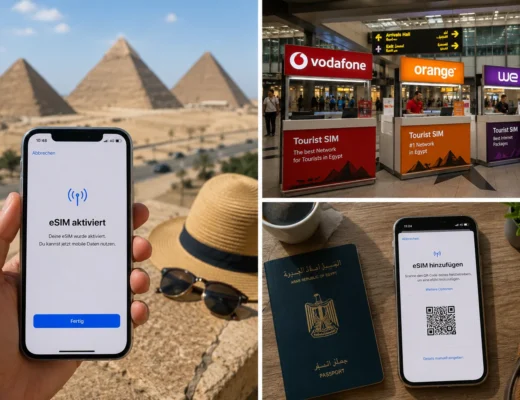 eSIM-Aktivierung vor den Pyramiden von Gizeh, Tourist-SIM-Schalter am Flughafen Kairo und QR-Code-Einrichtung mit &auml;gyptischem Reisepass