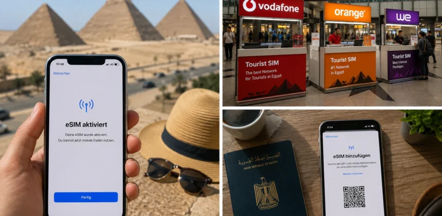 eSIM-Aktivierung vor den Pyramiden von Gizeh, Tourist-SIM-Schalter am Flughafen Kairo und QR-Code-Einrichtung mit &auml;gyptischem Reisepass