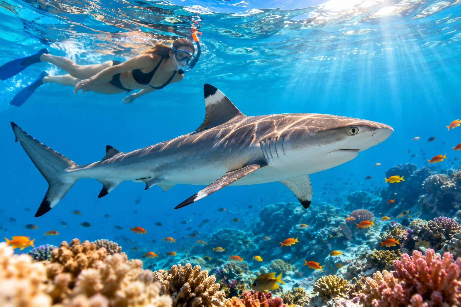 Schnorchlerin schwimmt neben einem Riffhai &uuml;ber bunten Korallen im Roten Meer bei &Auml;gypten.