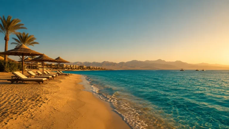 Sonnenliegen und Palmen am t&uuml;rkisfarbenen Strand von Hurghada bei Sonnenuntergang.