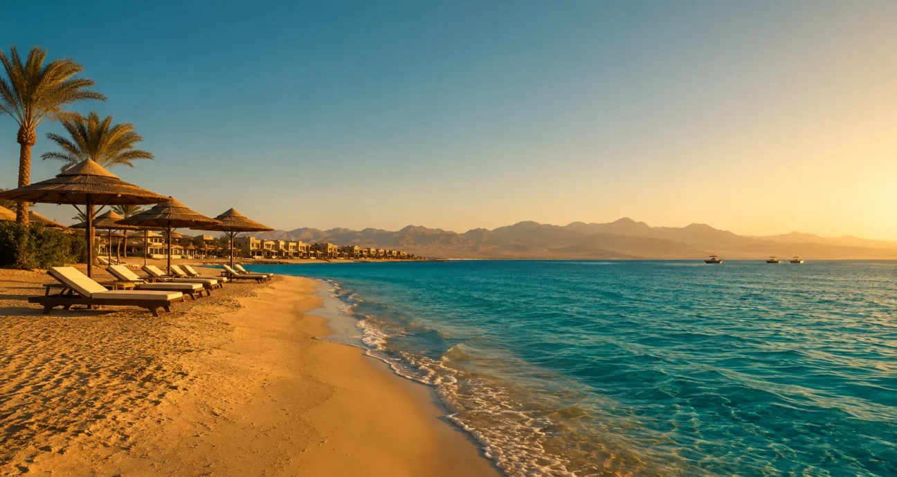 Türkisfarbenes Meer und Sandstrand mit Liegen in Hurghada bei Sonnenuntergang