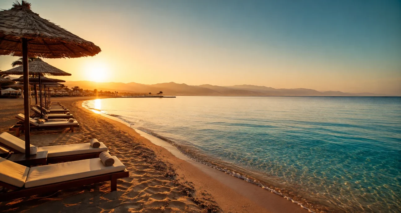Sonnenaufgang am Strand von Hurghada mit Liegest&uuml;hlen und Strohschirmen im Januar