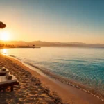 Sonnenaufgang am Strand von Hurghada mit Liegestühlen und Strohschirmen im Januar