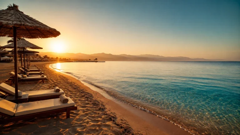 Sonnenaufgang am Strand von Hurghada mit Liegest&uuml;hlen und Strohschirmen im Januar