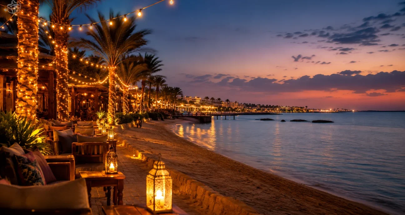 Strandpromenade mit Laternen und Palmen bei Sonnenuntergang in Hurghada im Oktober