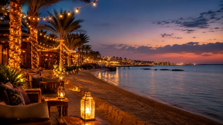 Strandpromenade mit Laternen und Palmen bei Sonnenuntergang in Hurghada im Oktober
