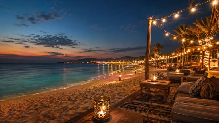 Beleuchtete Strandlounge am Meer in Hurghada bei Sonnenuntergang im Juli.