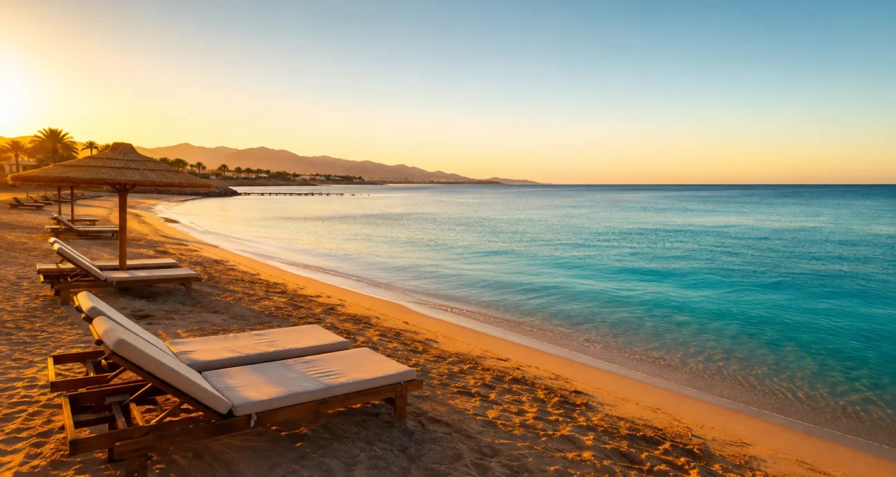 Sonnenaufgang über dem Strand von Hurghada mit Liegestühlen am türkisfarbenen Roten Meer im Dezember