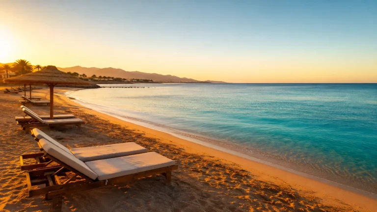 Sonnenaufgang &uuml;ber dem Strand von Hurghada mit Liegest&uuml;hlen am t&uuml;rkisfarbenen Roten Meer im Dezember