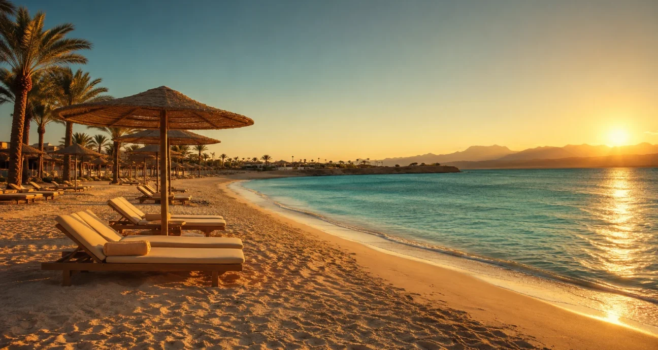 Sonnenuntergang am Strand von Hurghada mit Liegest&uuml;hlen und Palmen im Mai