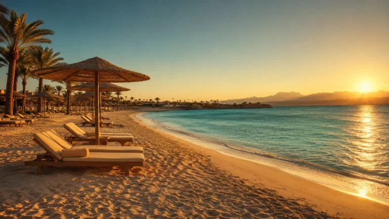 Sonnenuntergang am Strand von Hurghada mit Liegest&uuml;hlen und Palmen im Mai