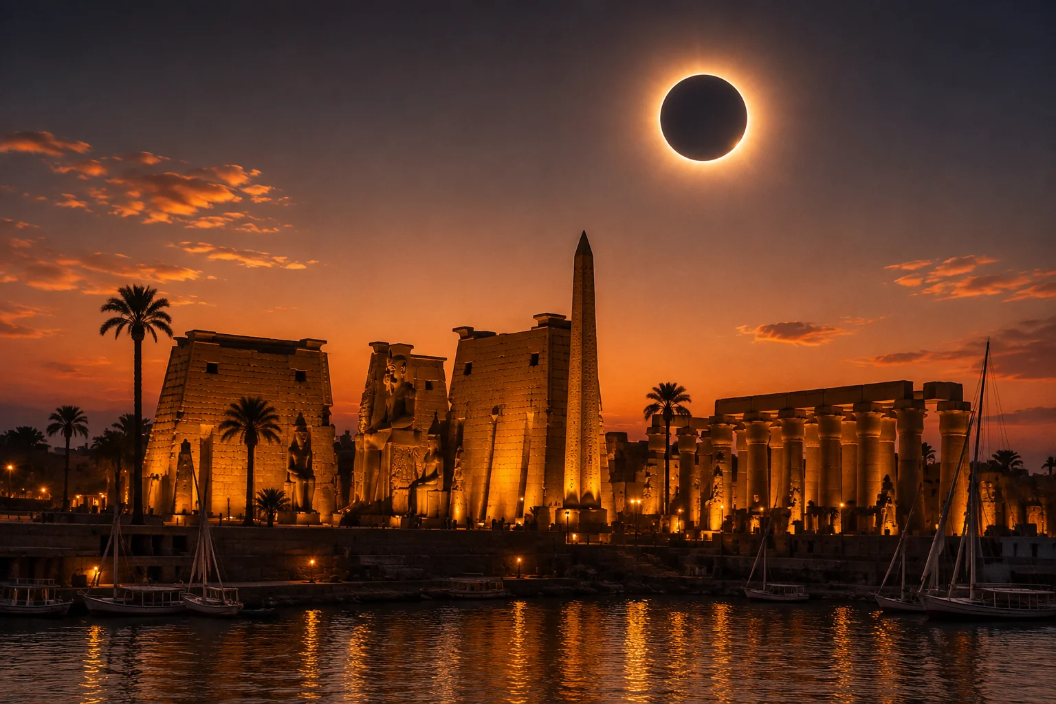 Sonnenfinsternis &uuml;ber dem beleuchteten Luxor-Tempel am Nil bei Sonnenuntergang.
