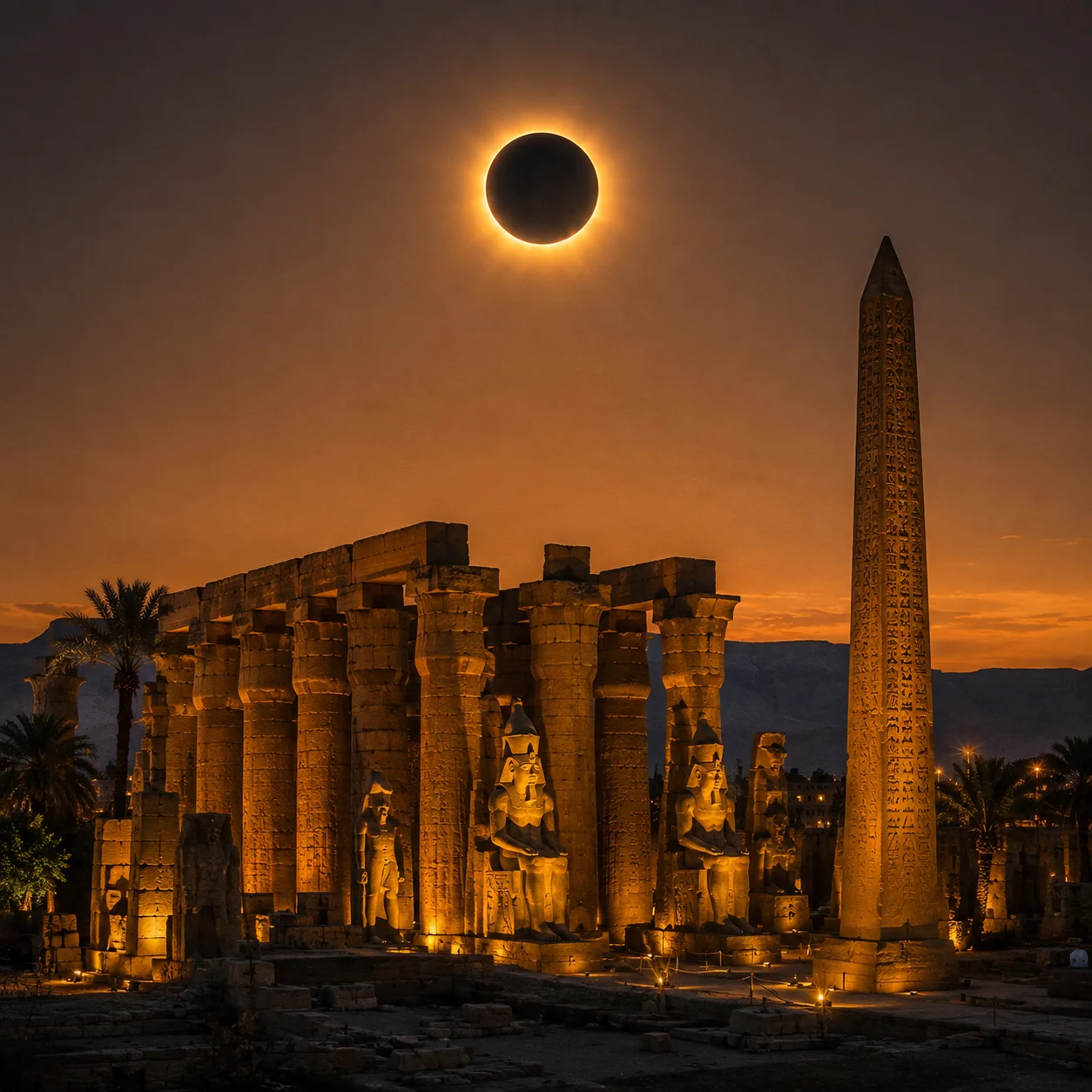 Totale Sonnenfinsternis &uuml;ber dem Luxor-Tempel mit Obelisk und Ramses-Statuen bei Nacht.
