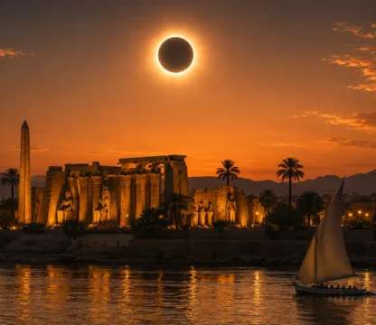 Sonnenfinsternis &uuml;ber dem Luxor-Tempel am Nil bei Sonnenuntergang mit Felukenboot.