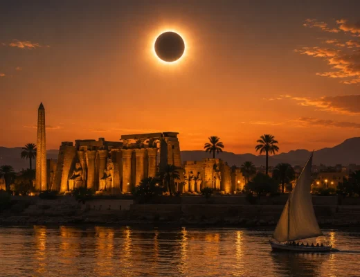 Sonnenfinsternis &uuml;ber dem Luxor-Tempel am Nil bei Sonnenuntergang mit Felukenboot.