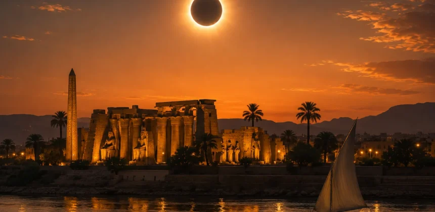 Sonnenfinsternis &uuml;ber dem Luxor-Tempel am Nil bei Sonnenuntergang mit Felukenboot.