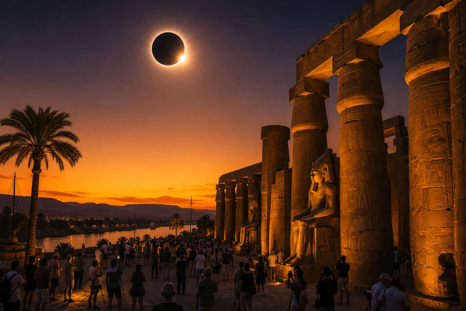 Totale Sonnenfinsternis &uuml;ber dem Luxor-Tempel am Nil bei Sonnenuntergang mit Ramses-Statuen.