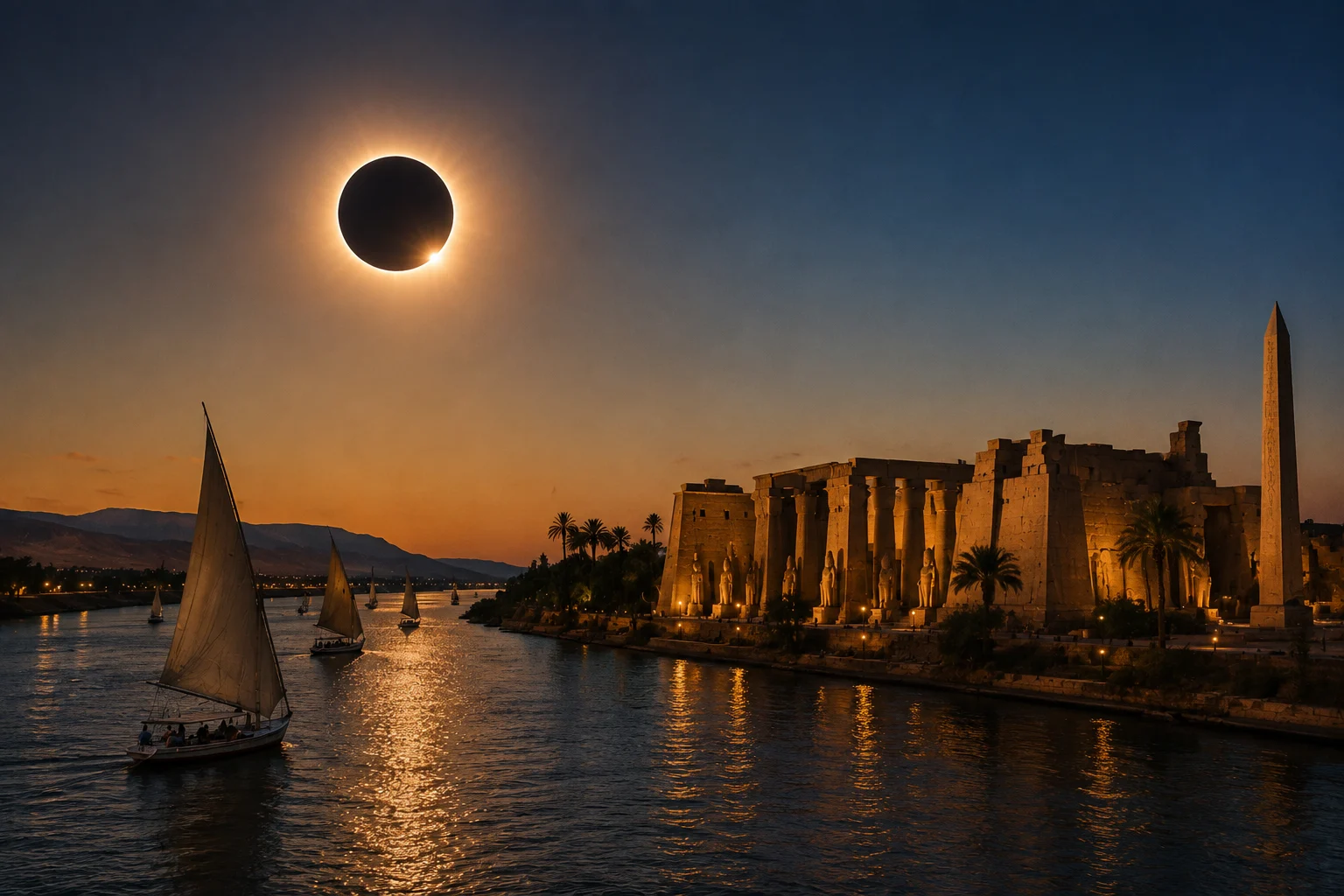 Totale Sonnenfinsternis &uuml;ber dem Luxor-Tempel und Feluken auf dem Nil in &Auml;gypten.