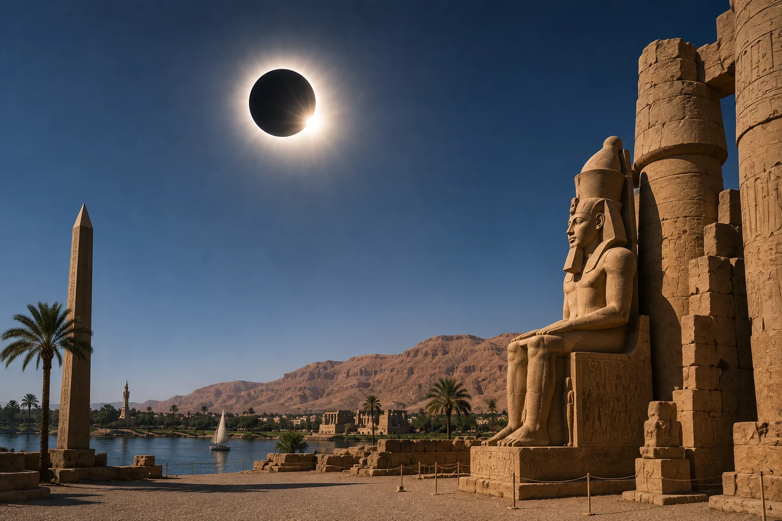 Totale Sonnenfinsternis &uuml;ber dem Luxor-Tempel mit Ramses-Statue, Obelisk und Nil im Hintergrund, &Auml;gypten 2027.
