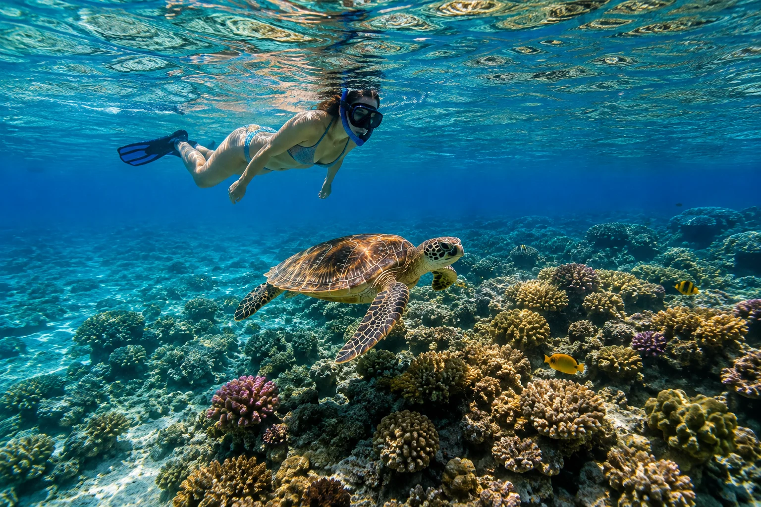 Schnorchlerin schwimmt mit Meeresschildkr&ouml;te &uuml;ber Korallenriff im Roten Meer bei Hurghada.