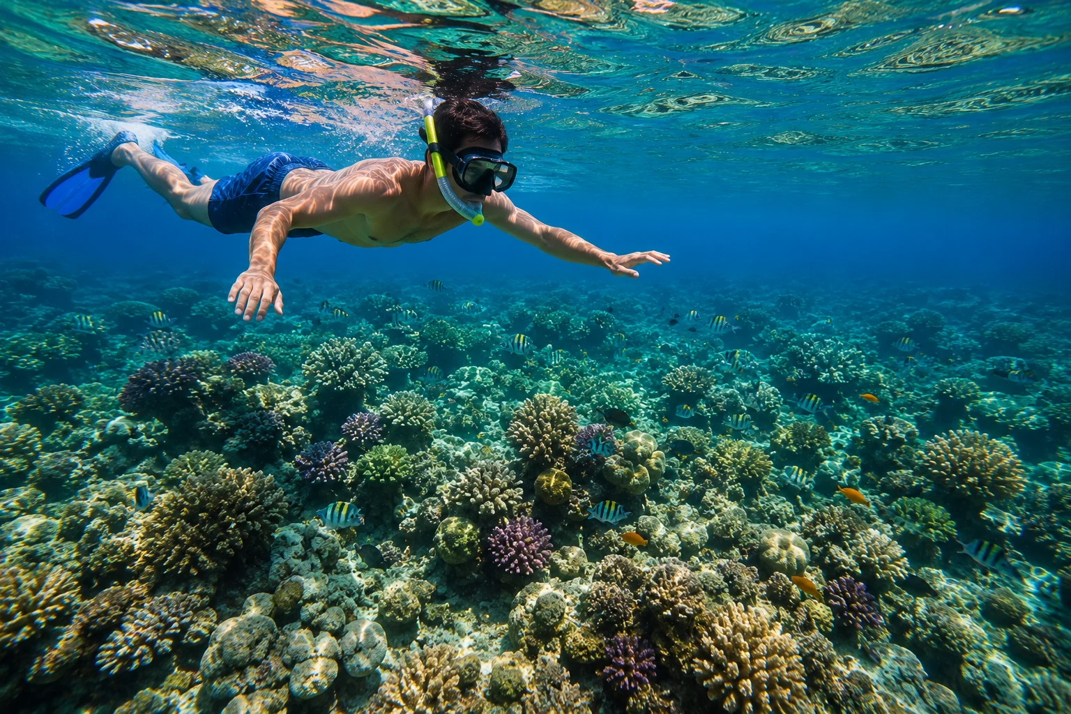Schnorchler schwimmt &uuml;ber buntem Korallenriff im Roten Meer bei Hurghada