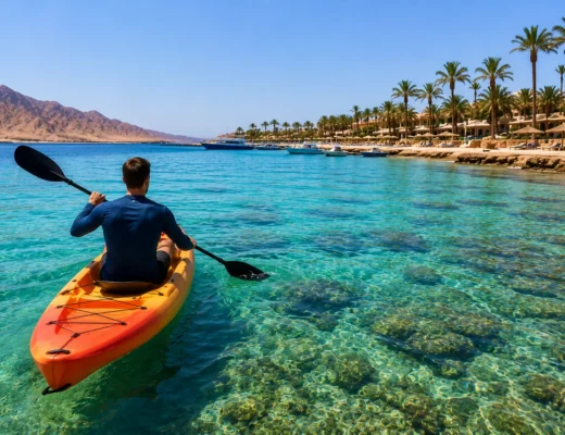 Kajakfahrer paddelt im t&uuml;rkisfarbenen Wasser vor der K&uuml;ste von Hurghada mit Palmen und Bergen im Hintergrund.