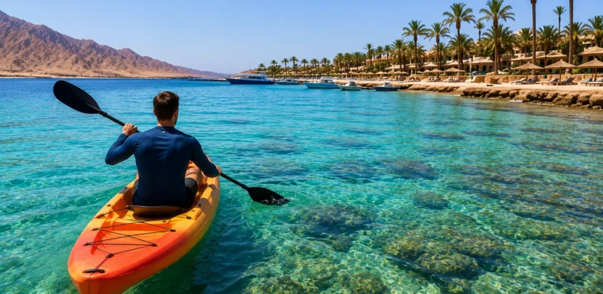 Kajakfahrer paddelt im t&uuml;rkisfarbenen Wasser vor der K&uuml;ste von Hurghada mit Palmen und Bergen im Hintergrund.