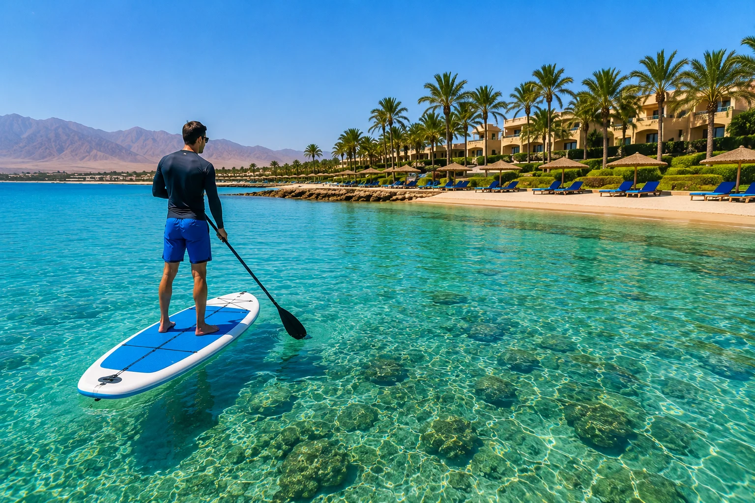 Stand-Up-Paddling im t&uuml;rkisfarbenen Wasser vor einem Strandresort in Hurghada