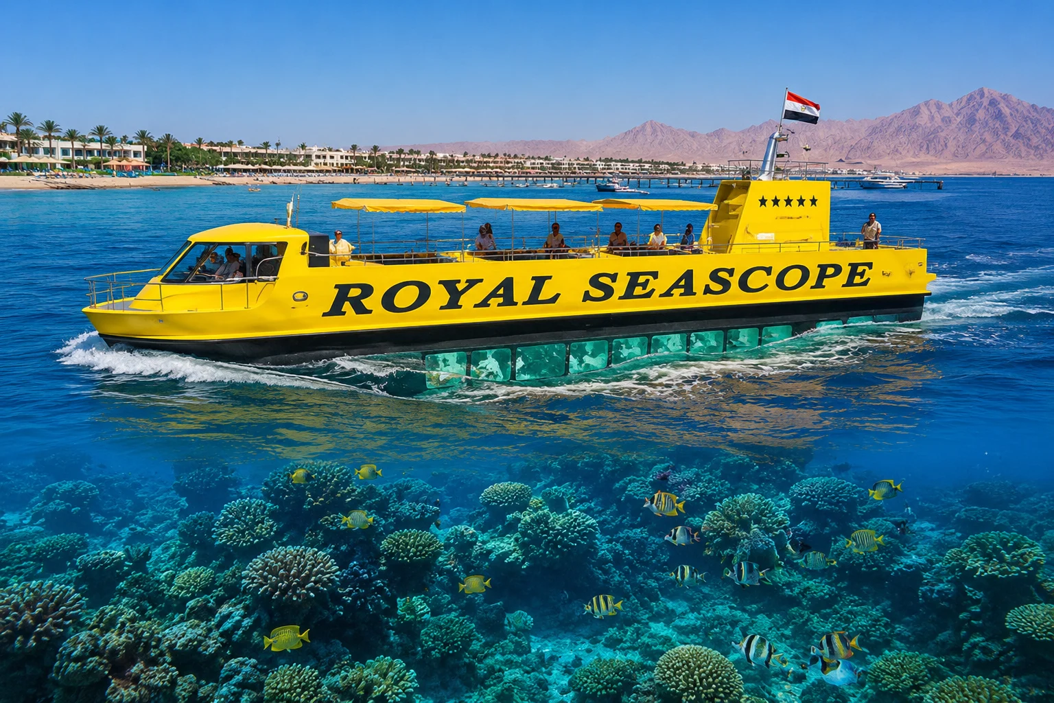 Glasbodenboot Royal Seascope f&auml;hrt &uuml;ber bunte Korallenriffe vor Hurghada