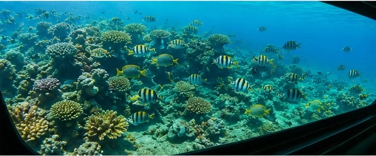 Bunte Fischschw&auml;rme und Korallenriff durch das Glasboden eines Ausflugsboots in Hurghada.