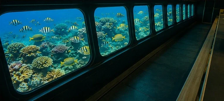 Blick durch die Panoramafenster eines Glasbodenboots in Hurghada auf bunte Korallenriffe und tropische Fische im Roten Meer