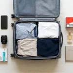 Gepackter Koffer mit Reisepass, Kamera, Medikamenten, Zigaretten und Bargeld f&uuml;r die Einreise nach &Auml;gypten.
