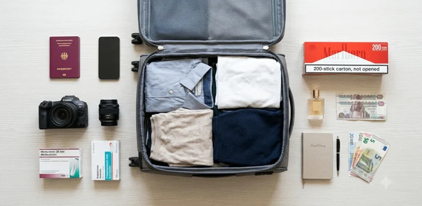 Gepackter Koffer mit Reisepass, Kamera, Medikamenten, Zigaretten und Bargeld f&uuml;r die Einreise nach &Auml;gypten.
