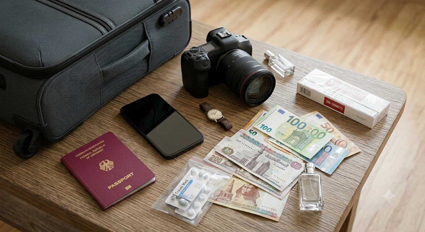 Reisepass, Bargeld, Kamera und Reisedokumente f&uuml;r die Einreise nach &Auml;gypten 2026 vorbereitet auf einem Tisch.