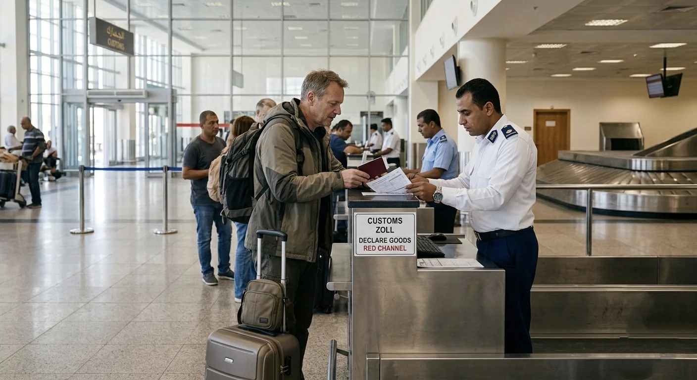 Zollkontrolle am Flughafen in &Auml;gypten mit Reisendem und Beamtem am Zoll-Schalter