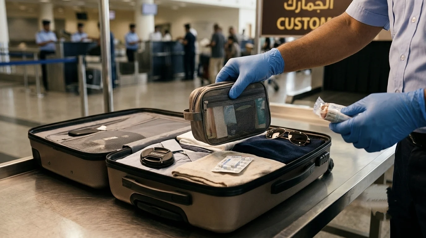 Zollkontrolle eines ge&ouml;ffneten Koffers am Flughafen in &Auml;gypten