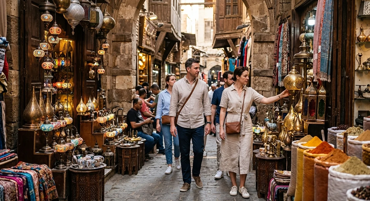Touristen bummeln durch den Basar Khan el-Khalili in Kairo mit orientalischen Lampen und Gew&uuml;rzen
