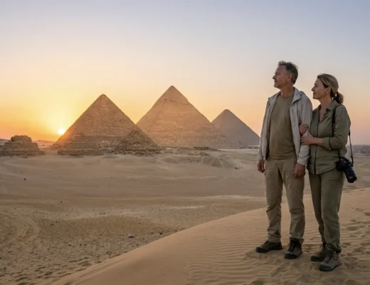 Paar beobachtet den Sonnenuntergang &uuml;ber den Pyramiden von Gizeh bei Kairo