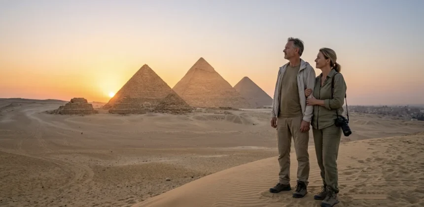 Paar beobachtet den Sonnenuntergang &uuml;ber den Pyramiden von Gizeh bei Kairo