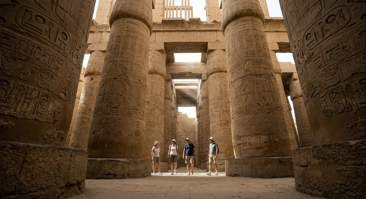 Touristen besichtigen die hieroglyphenverzierten S&auml;ulen im Karnak-Tempel bei Luxor
