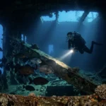 Taucher erkundet mit Taschenlampe ein Schiffswrack in Hurghada, umgeben von Fischschwarm und Korallen.